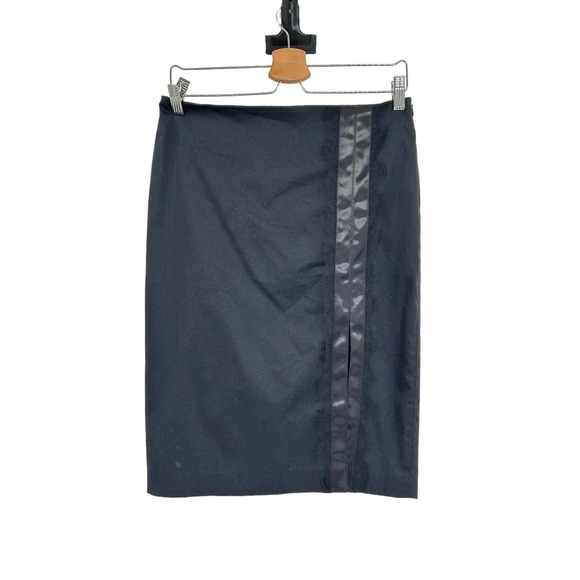 Wolford Black Pencil Skirt Front Slit Satin and Lace Stripe Trim Size US 6